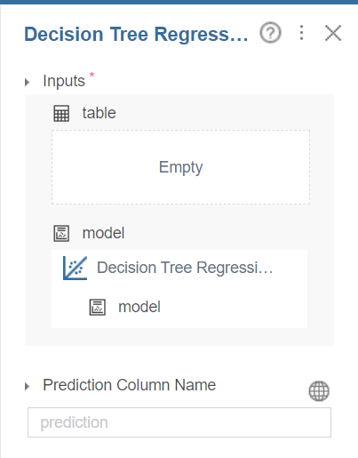Decision Tree Regression Predict 블럭 설정 창