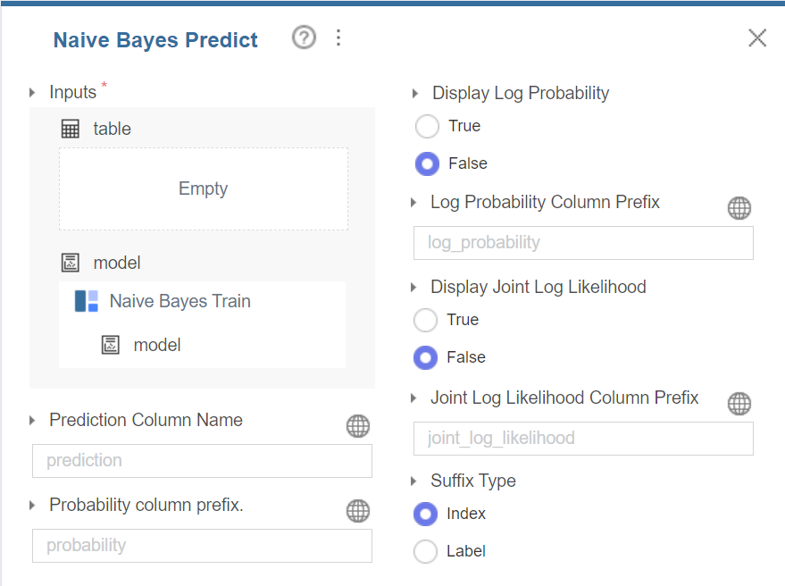 Naive Bayes Predict 블럭 설정 창