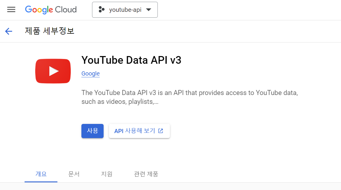 YouTube Data API 신청 화면