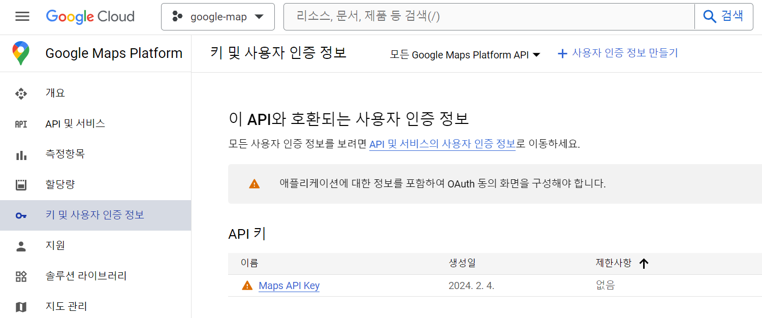Google Maps Platform API 메인 화면