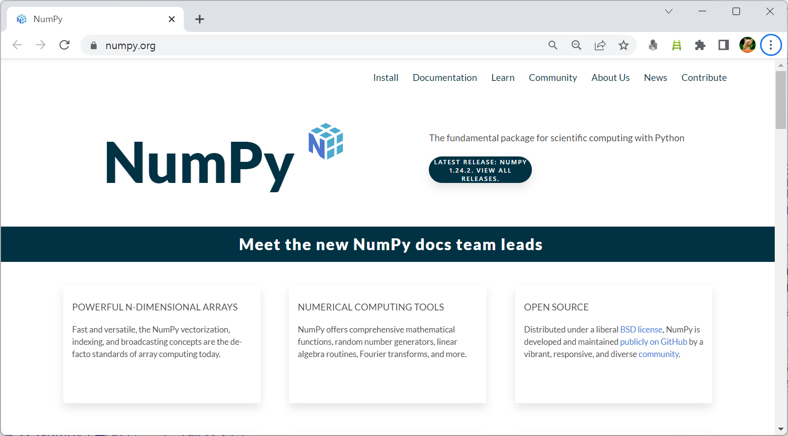 NumPy 홈페이지 메인