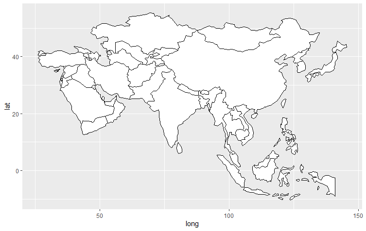 rnaturalearth의 아시아 대륙 지도