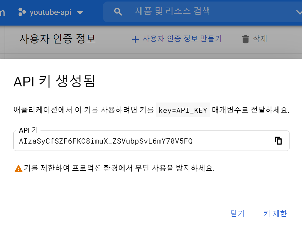 YouTube Data API 신규 key 발급